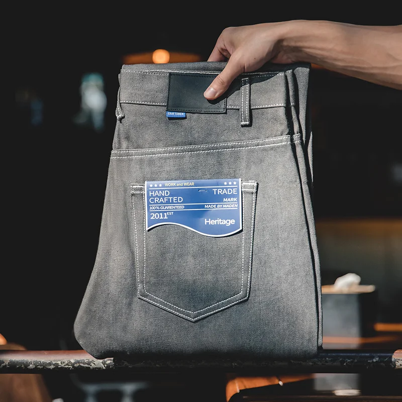 남성용 Maden 그레이 청바지, 13.8 Oz 100% 코튼 레귤러 스트레이트 핏 빈티지 데님 바지, 품질 밝은 라인 바지, 2022 신상
