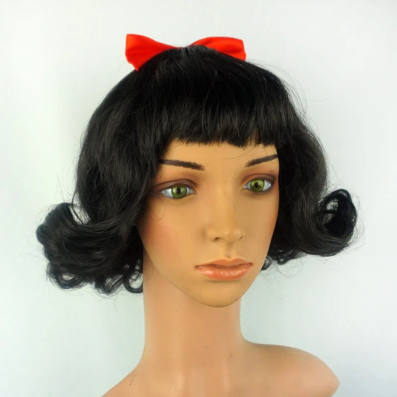 Cosplay Accessories Hair Accessories Cute Girls Snow White Dress Up Wig Girls Princess Cosplay Short Hair Black Curly Hair Wig with Red Bow Kids Role Play Props