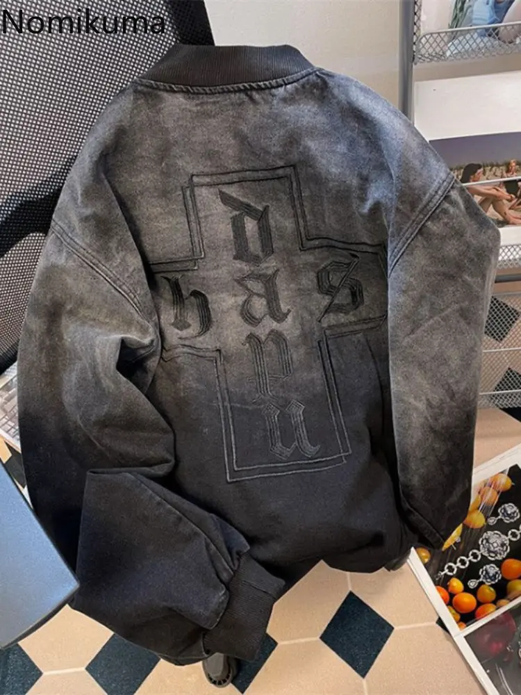 

Streetwear BF Coat Women Vintage Harajuku Hip-hop Oversized Outwear Clothes for Teens Gradient Embroidery Casual Y2k Jackets