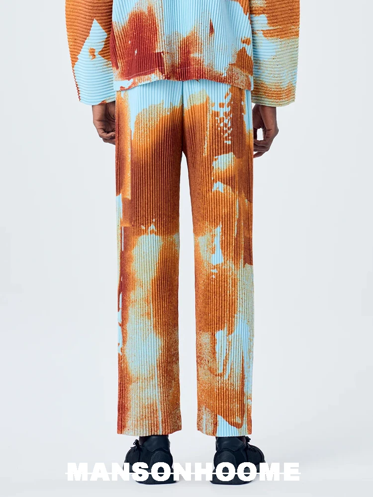 Miyake Pleated Men's Pants, High-quality Dyed Printed Casual Versatile and Fashionable Straight Leg Pants