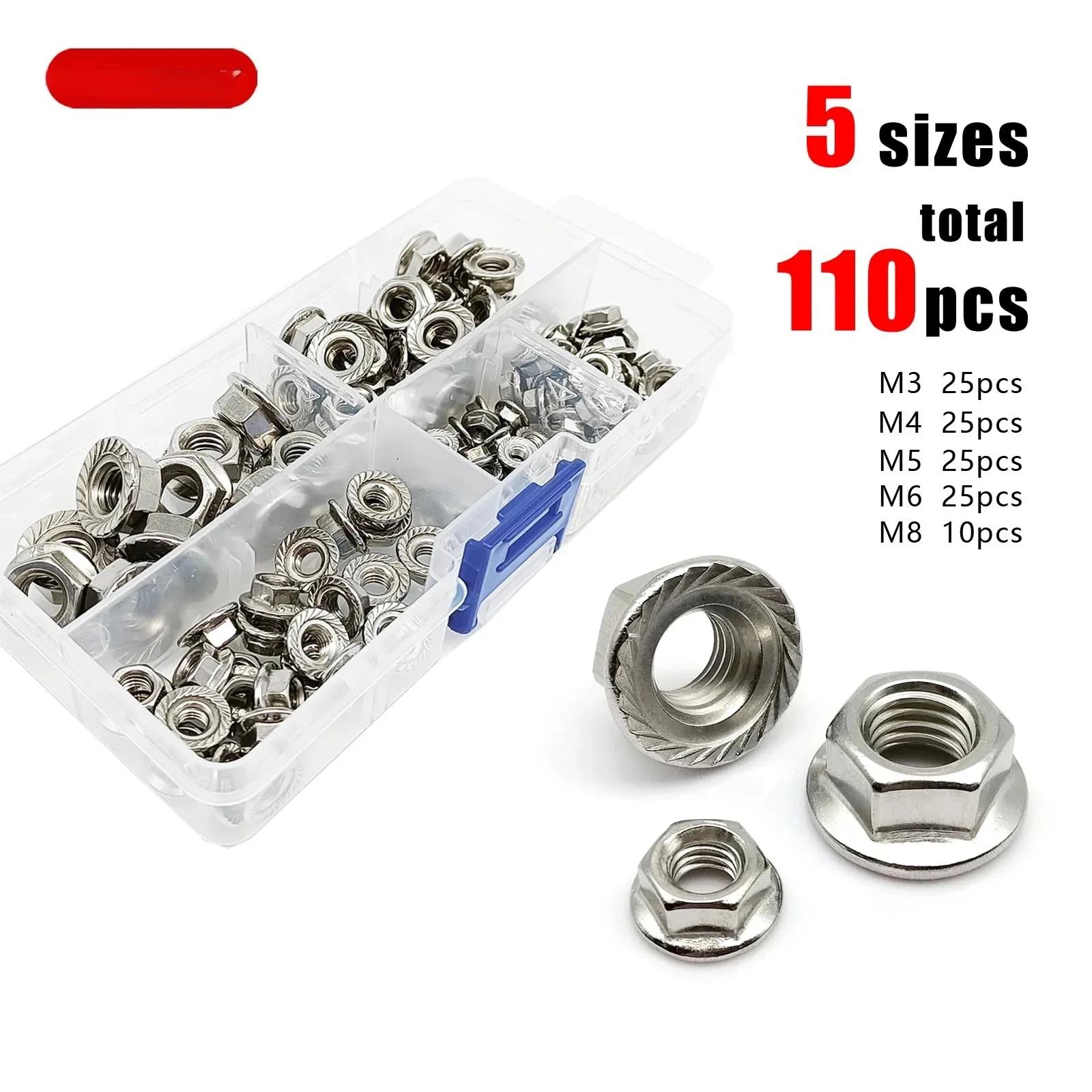 Flange Nut 110pcs/Box Hex Hexagon Serrated Spinlock Lock Nut Set Mix Size M3 M4 M5 M6 M8 Assortment Kit Stainless Steel