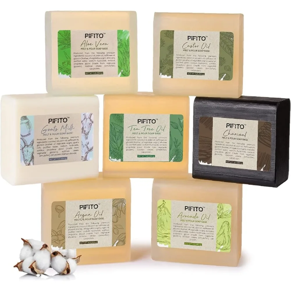 

Pifito Melt Pour Soap Base Sampler (7 lbs) │ Assortment 7 Bases │ Argan Oil, Avocado Oil, Castor Oil, Charcoal, Tea Tree Oil