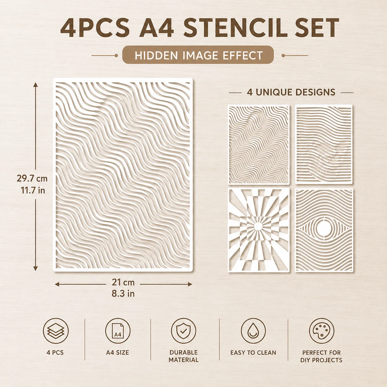 4PCS A4 8.3 x 11.7인치 착시 효과 스텐실 DIY 나무 벽 캔버스 공예용 추상 라인 페인팅 템플릿