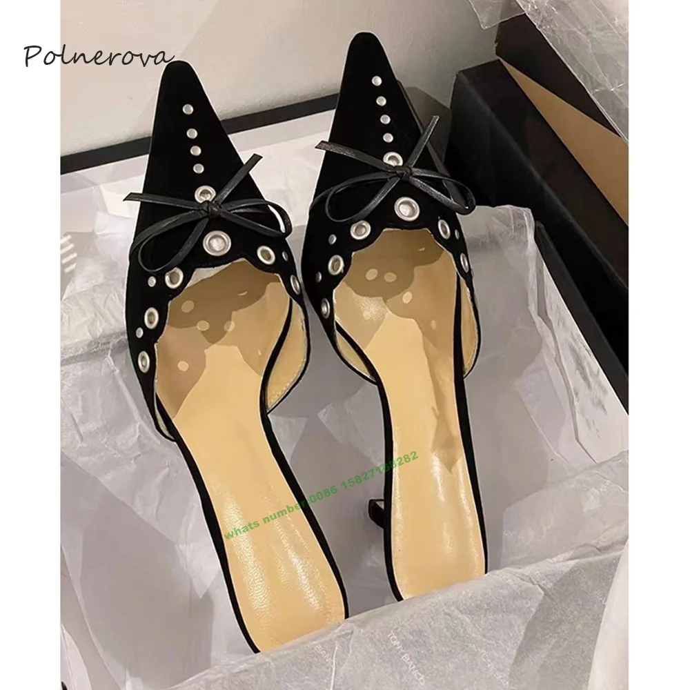 Pink Suede Pointed Toe Slippers Middle Heel Butterfly Knot Slippers Outside Dress Banquet Shoes for Women 2023 Summer Newest