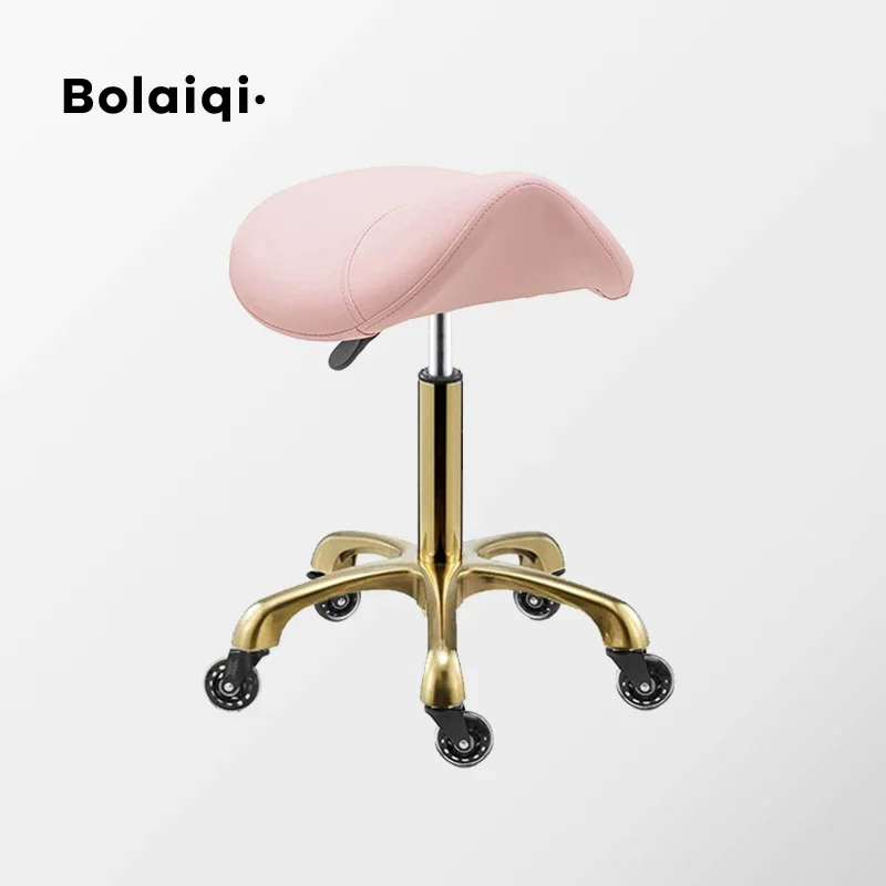 Professional Salon Pedicure Saddle Gold Base Chair Saddle Stool with Wheels Rolling Chair Portable 360 Degree Rotatable