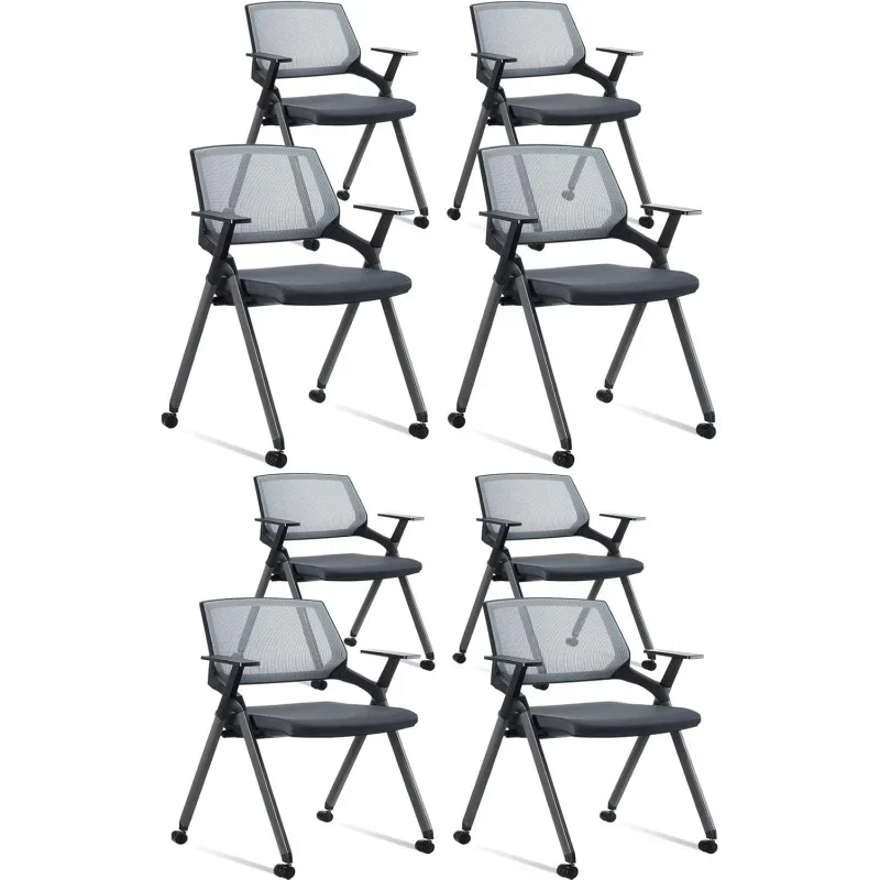 Stackable Foldable Conference Room Chairs with Wheels, Ergonomic Mesh Office Desk Chair Lumbar Support Armrest(Gray, 8)