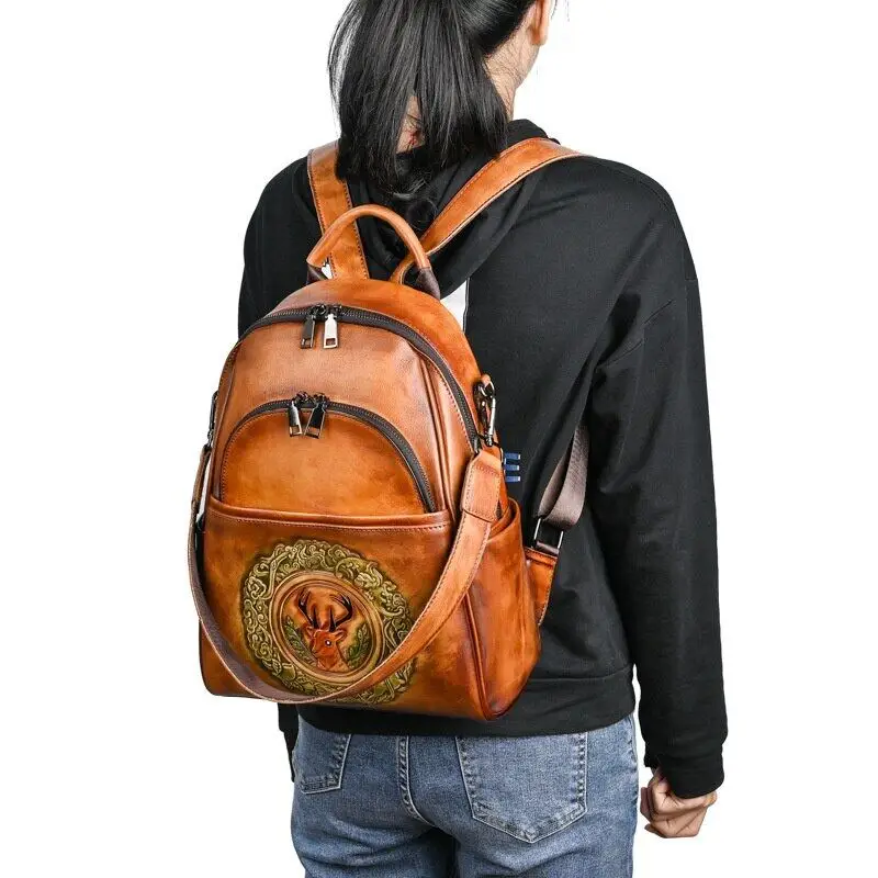 Handmade Backpack Genuine Leather Woman Shoulder Bag Retro Cowhide Embossing Travel Bags