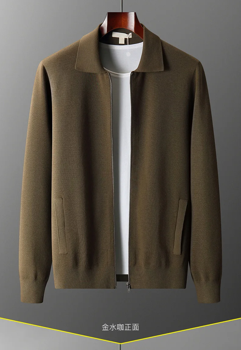 Men's Cardigan 100% Merino Wool Knitted Zippered Jacket 2023 Autumn and Winter Thickened Long Sleeved Men's Sweater Lapel Shirt