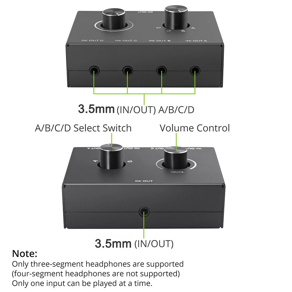 Compact Bi-Directional Stereo Audio Switcher with Multiple Ports