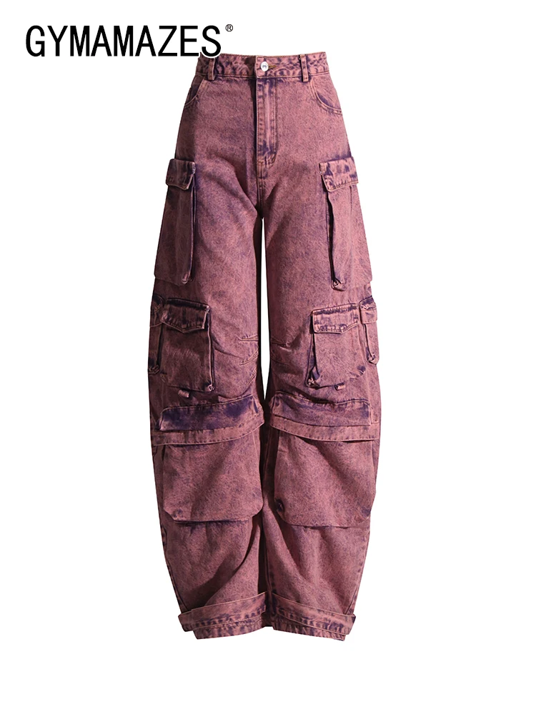 

GYMAMAZES Do Old Spliced Pockets Jean For Women High Waist Patchwork Button Casual Loose Cargo Jeans Female Fashion Clothing New