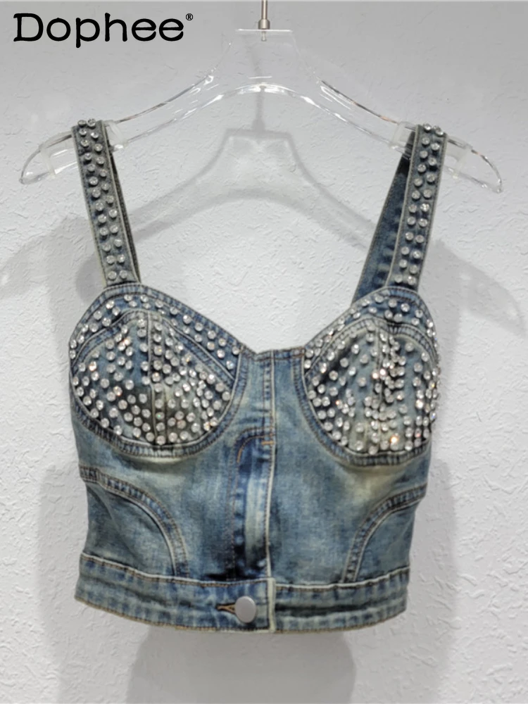 

Exquisite Rhinestone Beaded Retro Hot Girl Denim Bandeau Camisole 2024 Summer New Sexy Tube Top Women Clothing Crop Tops