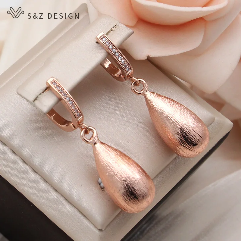 S&Z DESIGN New Fashion Smooth Water Drop Metal Dangle Earrings For Women Girl 585 Rose Gold Color Cubic Zirconia Jewelry Gift