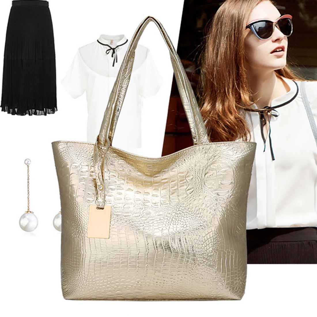 

New Women Handbag PU Leather Shoulder Bag Lady Single Shopping Bags Large Capacity Casual Tote Bolsas Silver Gold Color Handbags