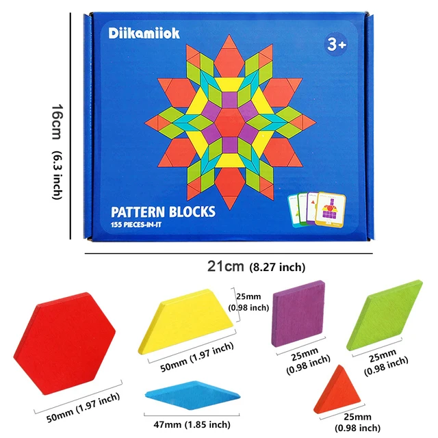 155Pcs Set Wooden Pattern Blocks Geometric Shape Jigsaw Puzzle Baby Educational Montessori Tangram Toys for Kids with 24Pcs Card 6