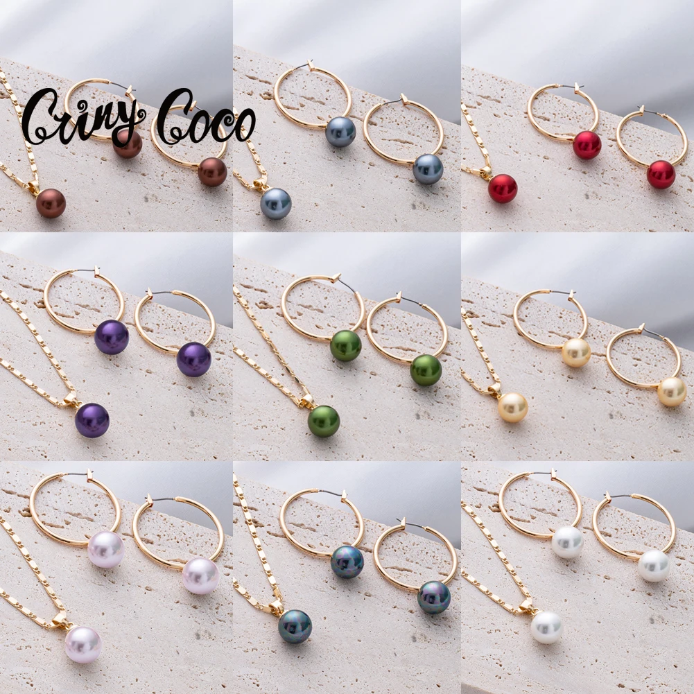 Jewelry Set Hawaiian Polynesian Pearl Jewelry Sets Colorful Bead Gold Plated Accessories Necklace Hoop Earrings for Women