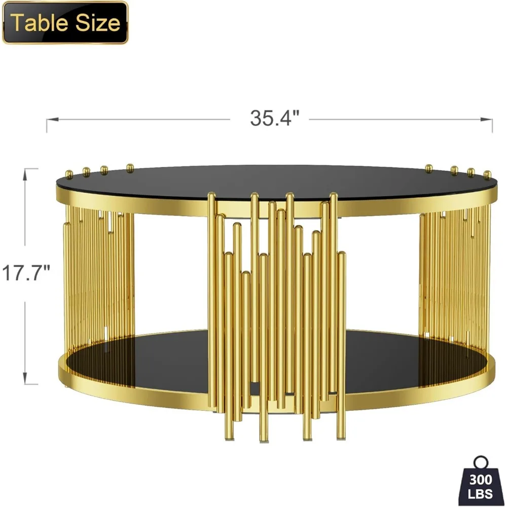 Round Glass Coffee Table Modern Luxury Black Center Table Living Room Table, Gold Stainless Steel Irregular Leg Cocktail Table 6