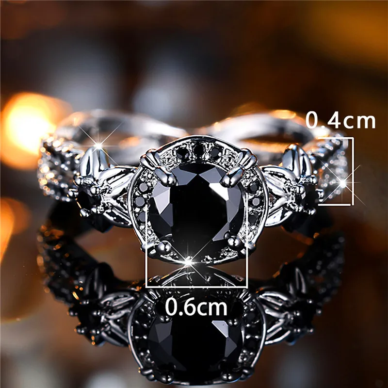 Luxury Female Black Round Flower Zircon Stone Engagement Ring Trendy Silver Color Bride Wedding Jewelry Gift For Women