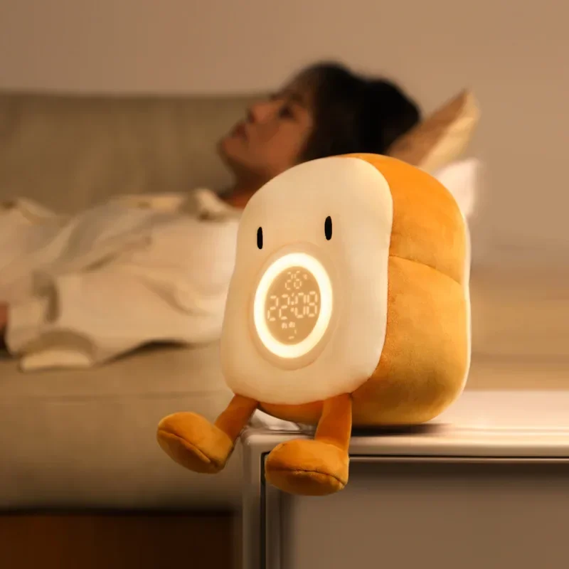 LED Night Light Toast Plush Table Lamp Digital Alarm Clock Rechargeble Bread Bedroom Decoration Mood Light Sleeping Bedside Lamp