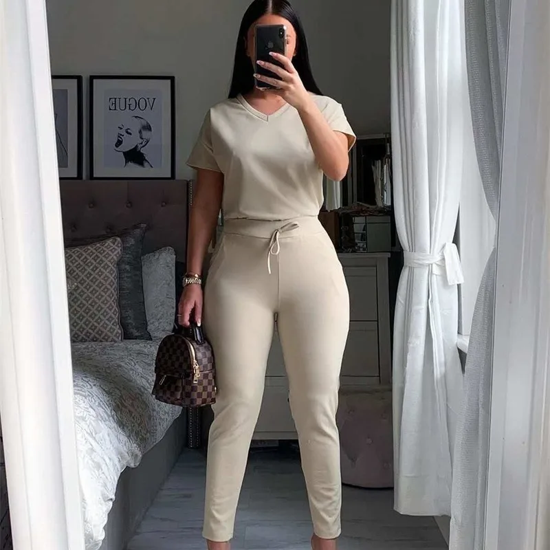 Loose Casual Two Piece Set Women V-Neck Short-Sleeved T-shirt High-Waist Lace-Up Slim Trousers Solid Colors Sports 2 Piece Sets