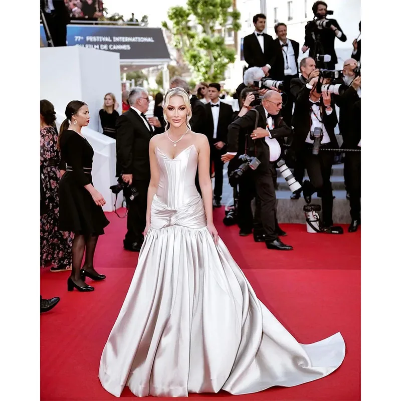 

Modest Mermaid Evening Dresses 2024 V Neck Pleated Celebrity Dress Sweep Train Womens Formal Special Occasion Wear