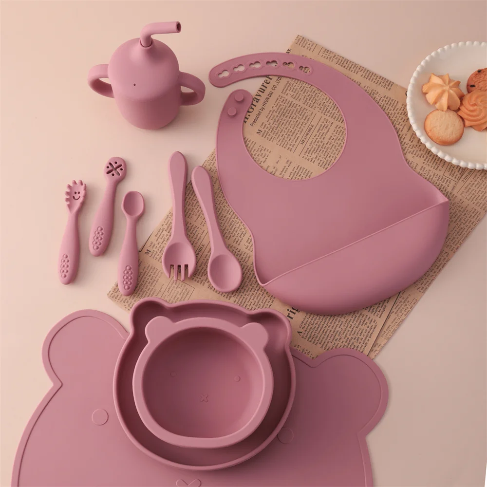 Color Kids 10PCS Soft Silicone Baby Feeding Set Suction Bowl Plate Bib Cup Utensils Waterproof Placemat Toddler Tableware Kit