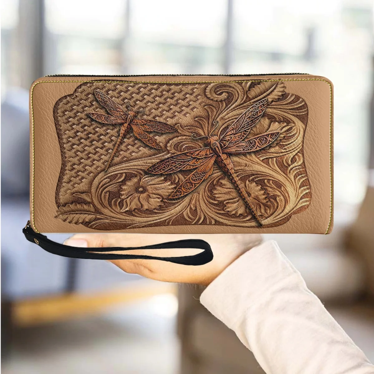 

Personalized Vintage Dragonfly Design Ladies Clutch Fashion Portable Long Wrist Zipper Wallet Travel Party Commuter Card Holder