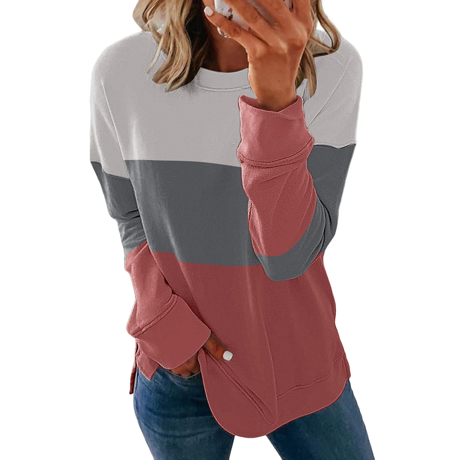 

Adult Small Hoodie Womens Casual Split Print Round Neck Sweatshirt Long Sleeve Top Pullover Loose Pullover Stripe Hoodie Women