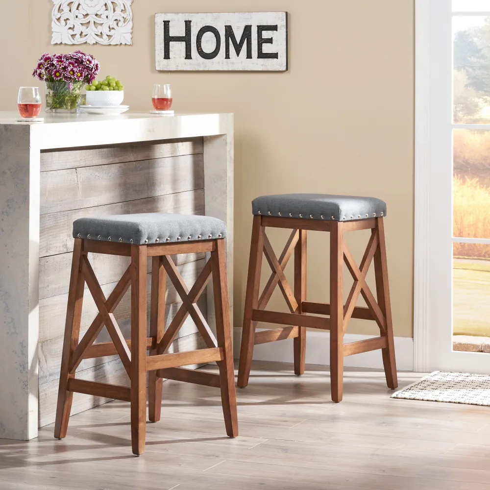 Inspired Gray Fabric - Topped Bar Stool Saddle Barstool with X - Shaped Wooden Frame, Measuring 29.60''×16.00''×19.75'' 3