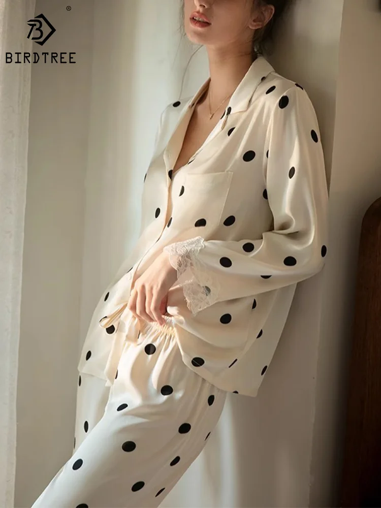 

Birdtree 19MM 100%Real Silk Pajama Set Long Sleeve Long Pants Polka Dots Lace Sweet Comfortable Loungewear Sleepwear S3N805QM