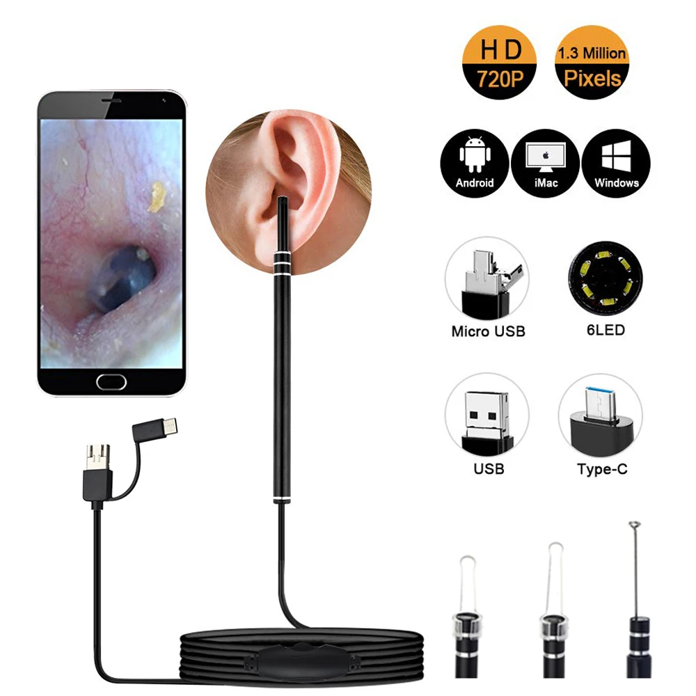 HD 비주얼 귀 내시경, USB 검이경, 귀 왁스 청소 검사, 미니 카메라 귀이개 관리 도구, 안드로이드 휴대폰 PC용, 3 in 1