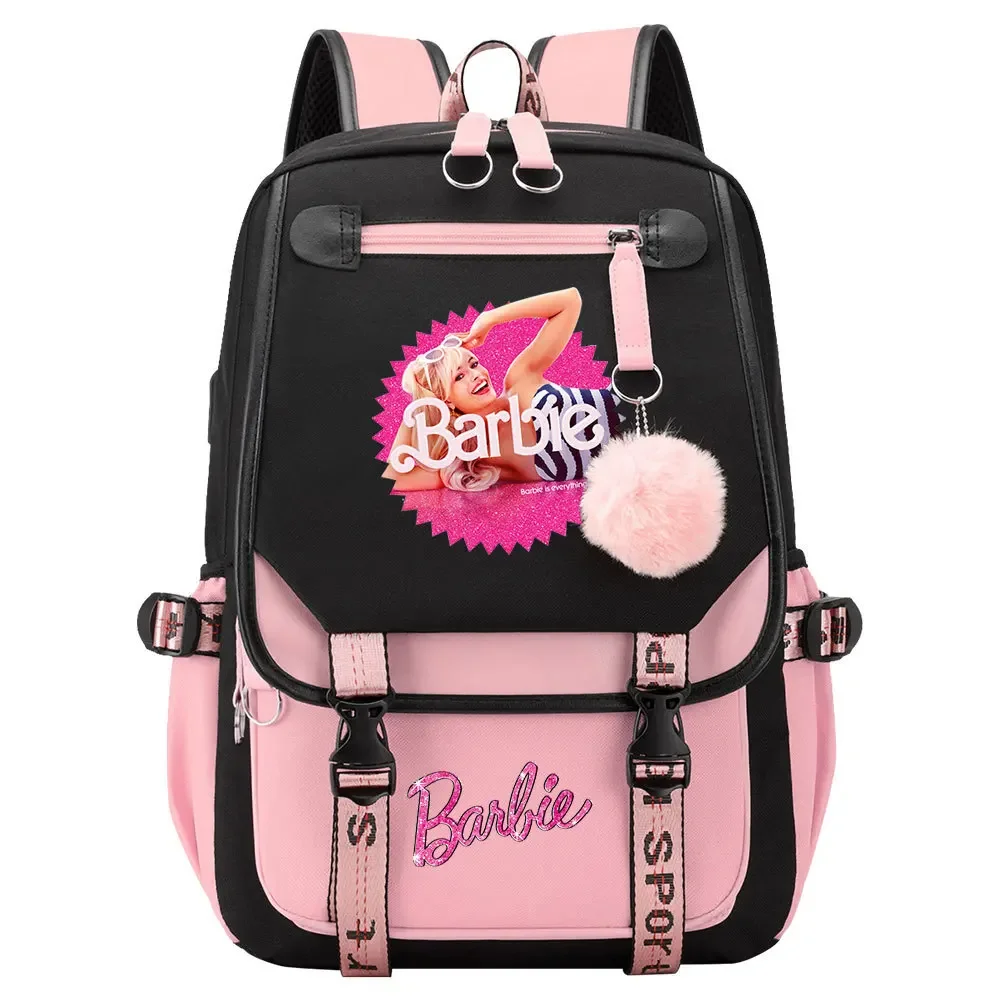 

MINISO Live-action Movie Barbie Peripheral Large-capacity USB Student School Bag Casual Webbing Flip Backpack Best Gift