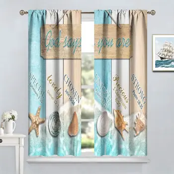 Coastal Beach Kitchen Curtains – Starfish Seashell Ocean Theme 1
