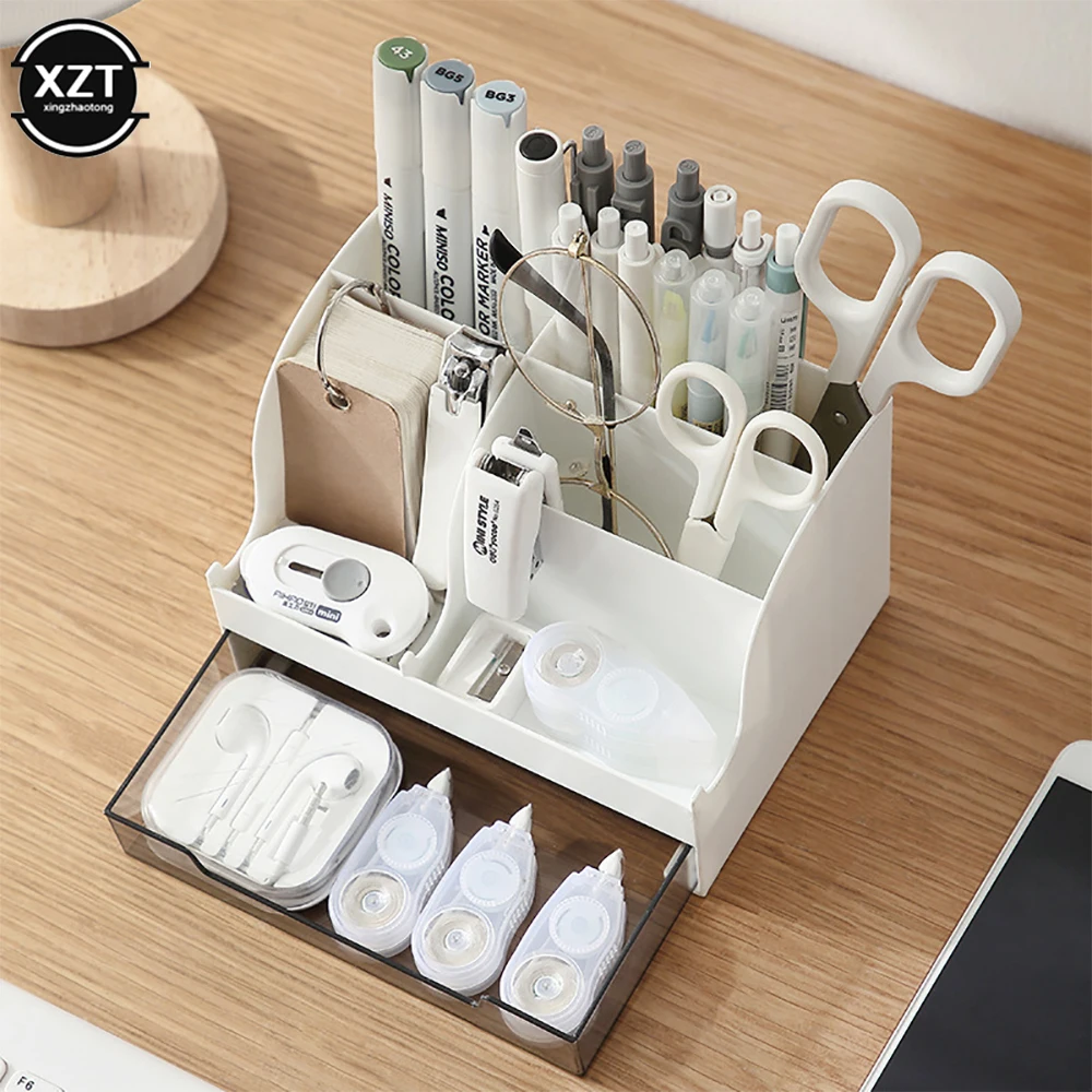 4 Color Desktop Organizer Large Capacity Desk Accessories Pen Holder With Drawer Pencil Storage Box School Office Stationery New