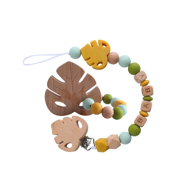 

Baby Custom Personalized Name Leaf Pacifier Clips Holder Chain Teething Toys Gifts Wooden Ring Anti-drop Chains Babies Accessory