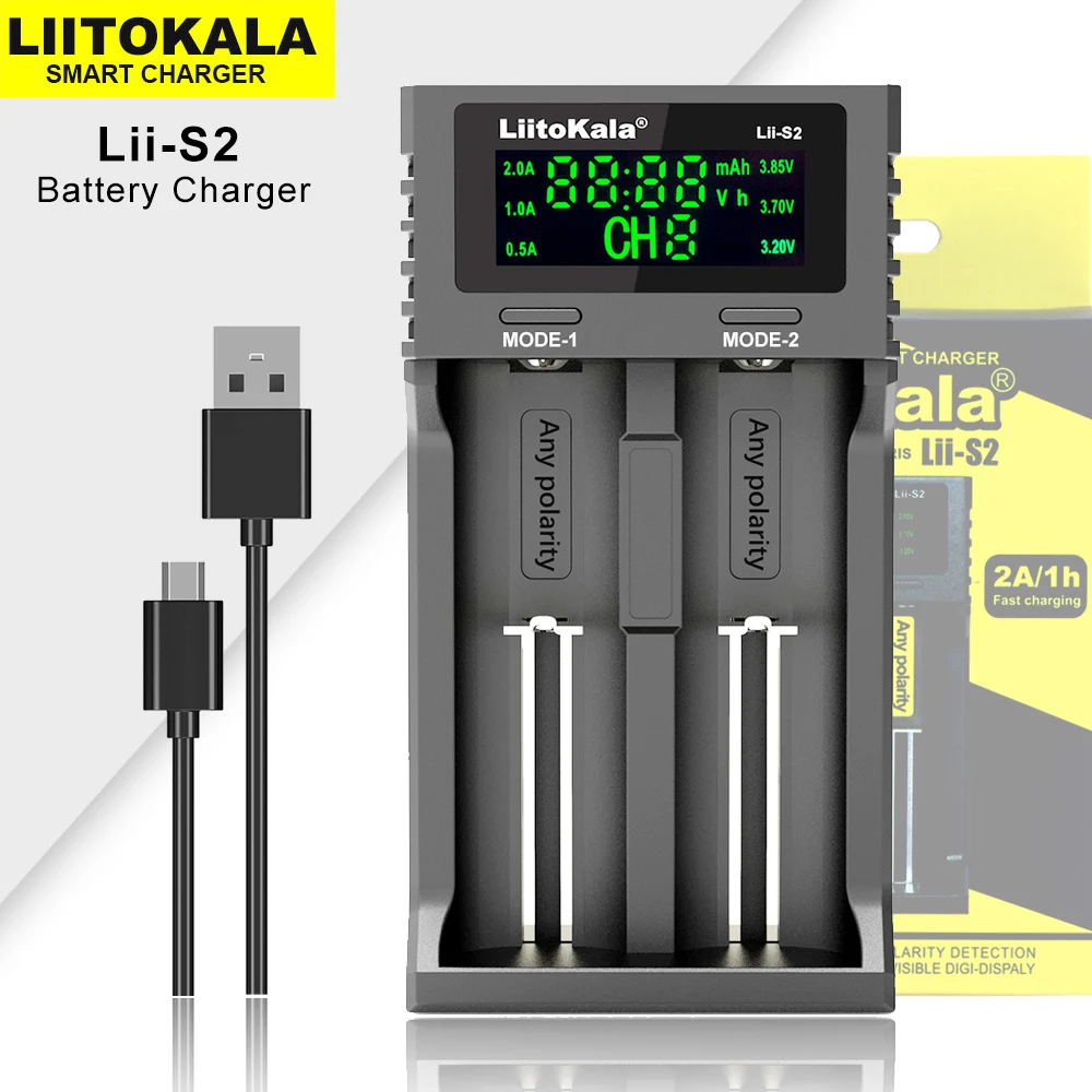 Liitokala 리튬 충전식 배터리 충전기, 1.2V, 3.8V, 3.7V, 3.2V, 18650 18350 18500, 21700 26650, 16340 26700, AA, NiMH, Lii-S2
