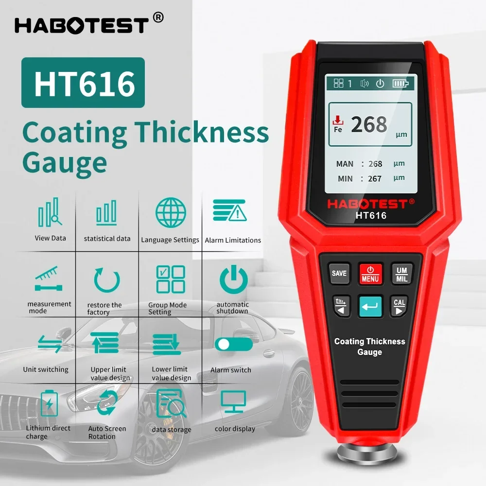 Paint Thickness Gauge HABOTEST HT616 Car Paint Thickness Gauge 0-1500UM Fe & NFe Coating Thickness Tester Manual Paint Meter Automotive Tools