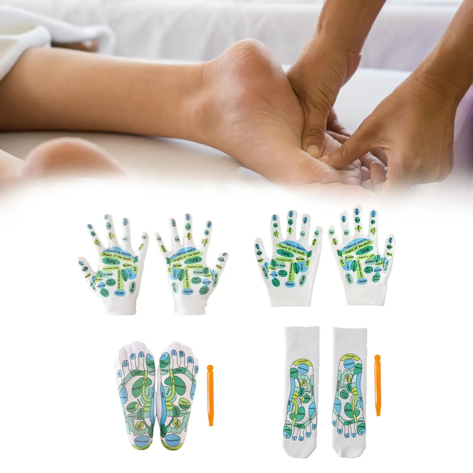 4Pcs Acupressure Reflexology Tools Set Acupoint Massage Tools Five Finger Socks Breathable Acupoint Schematic Socks for Beginner