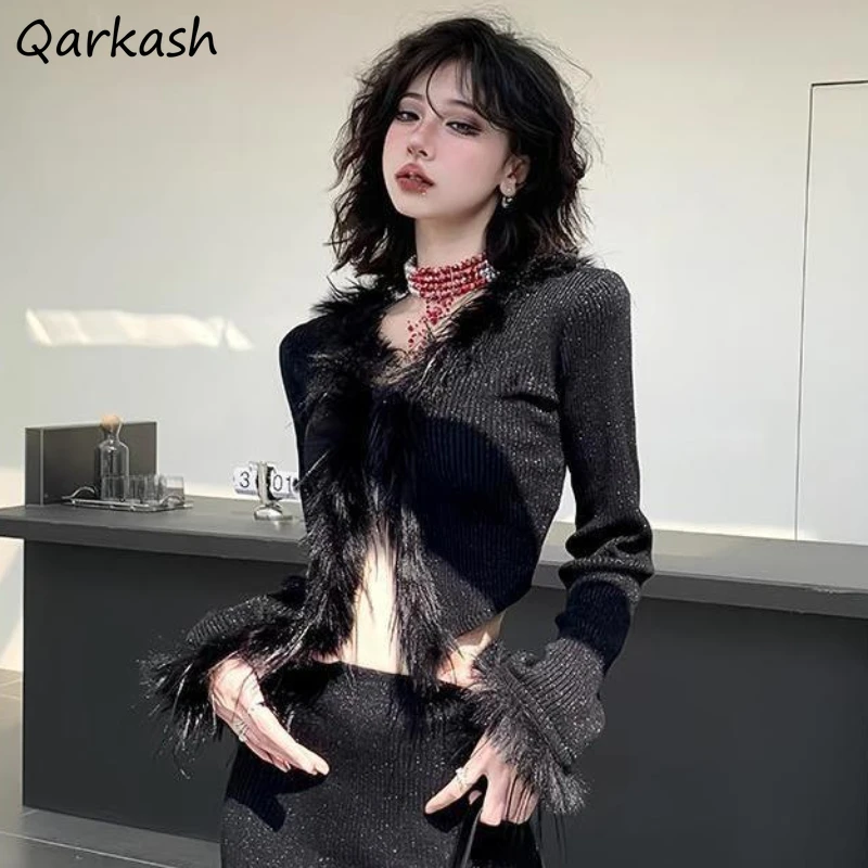 

Черный кардиган, Женский облегающий лоскутный кардиган на меховой подкладке, острая крутая уличная одежда для девушек в стиле преппи, универсальная осенняя одежда в Корейском стиле