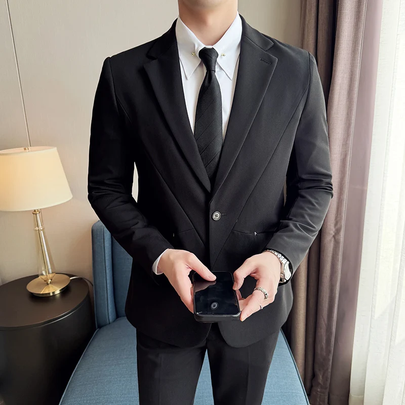 (Jacket+Pant) New Men Pure Color Business Social Wedding Party Suit Fashion Male Banquet Party Slim Fit Dress Blazer and Trouser