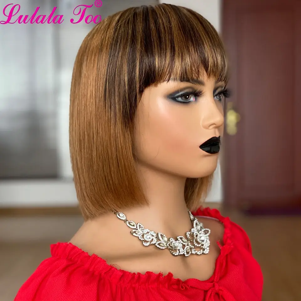 Short Bob Wig With Bangs Brazilian Straight Ombre Human Hair Wigs Honey Blonde Full Machine Made Wigs Remy Hair bliss straight bob wig human hair wigs with bangs remy bob straight hair full machine made cheap human hair wigs for black women