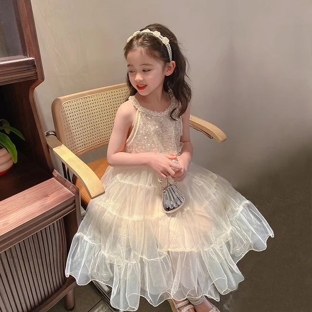 Robe princesse pour petites filles, col rond, sans manches, tenue de bal,  en maille, avec nœud