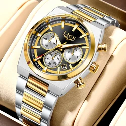 LIGE Men's Waterproof Luminous Quartz Chronograph Sport Watch with Gift Box (Gold black)