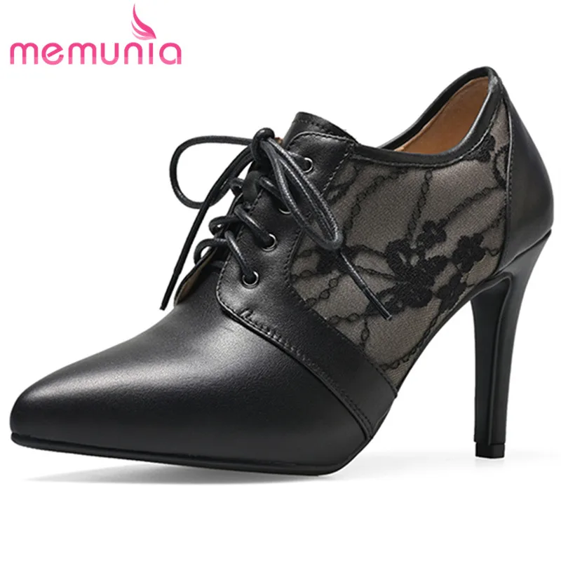 

MEMUNIA 2023 New Genuine Leather Lace Up Shoes Elegant Ladies Pointed Toe Mesh Pumps Thin High Heels Dress Shoes