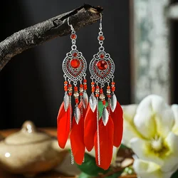 Elegant Boho Feather and Leaf Tassel Earrings with Rhinestone Accents (Red)