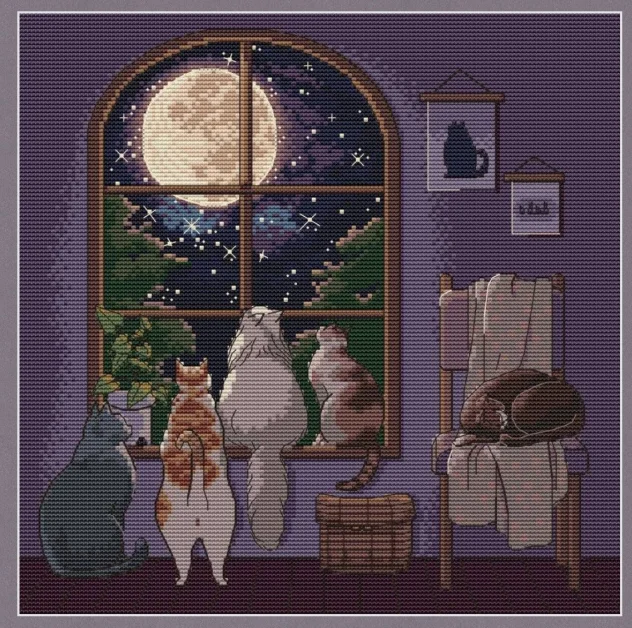 Scenery Head Embroidery Kits Cross Stitch Kits DIY Home Embroidery 18-moon cats 37-37
