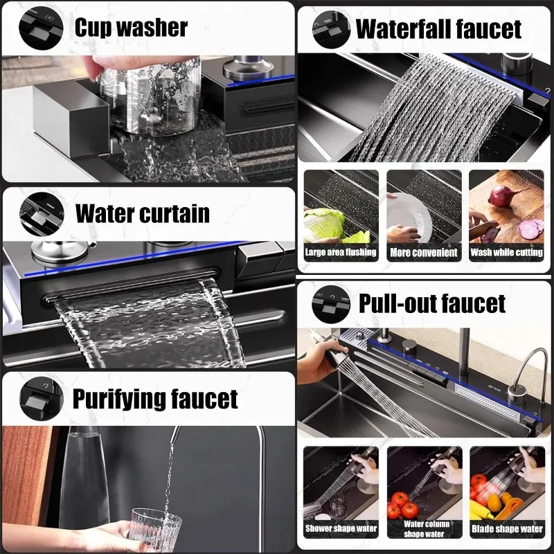 Black Gray Kitchen Sink Multi-Function Smart Kitchen Sink Digital Display Embossed Stainless Steel Raindance Waterfall Sink 2