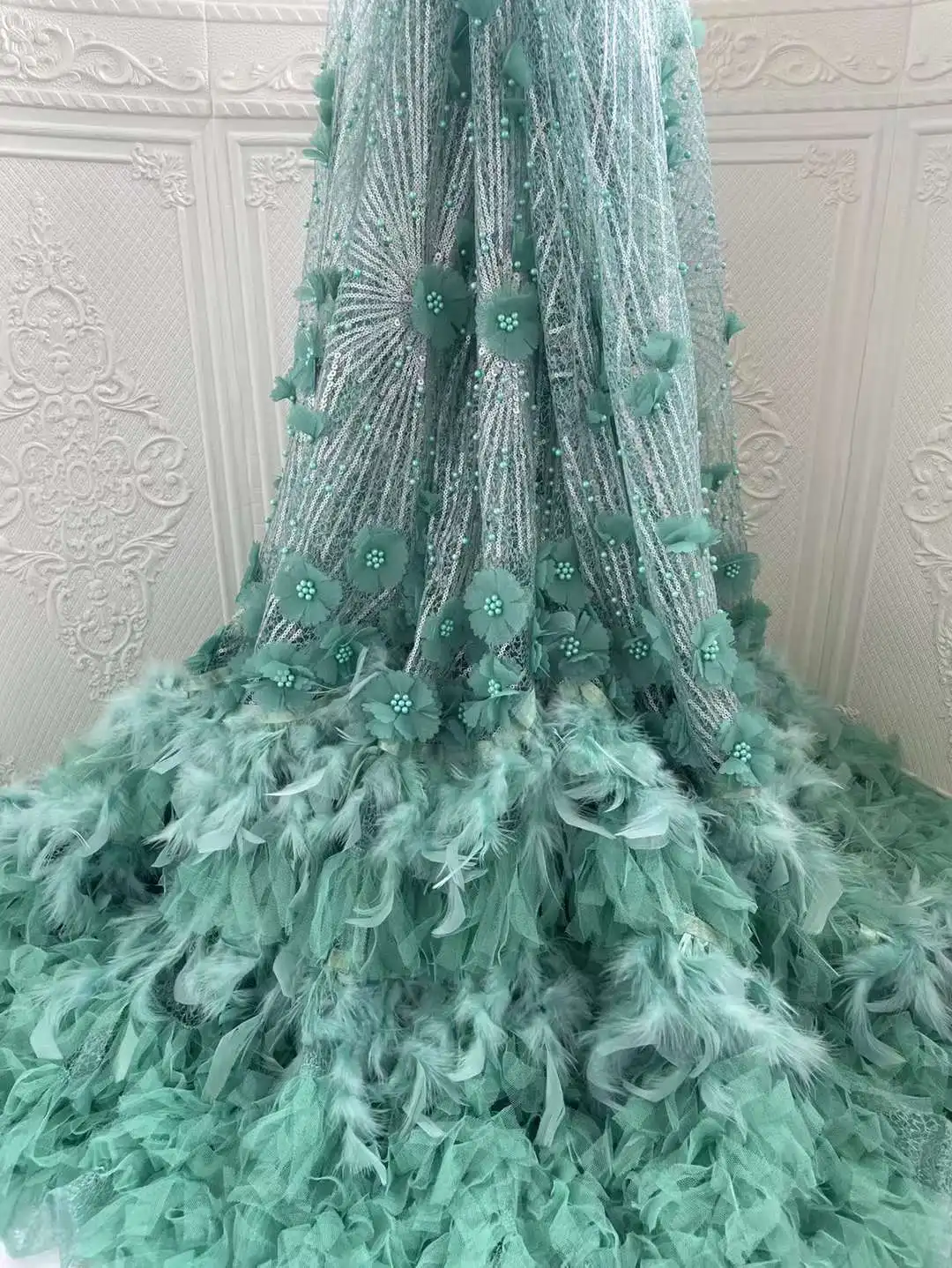 Beautiful African Sequins Lace Fabric High Quality French Nigerian Sequin Mesh Feather Lace Fabric 5 Yard For Wedding Party