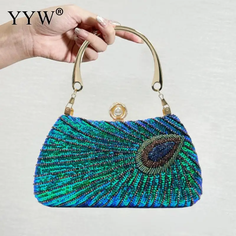

Vintage Peacock Style Women Sequin Evening Clutch Bag Wedding Dinner Lady Guest Clutch Bag Dairy Party Prom Pearl Hasp Handbags
