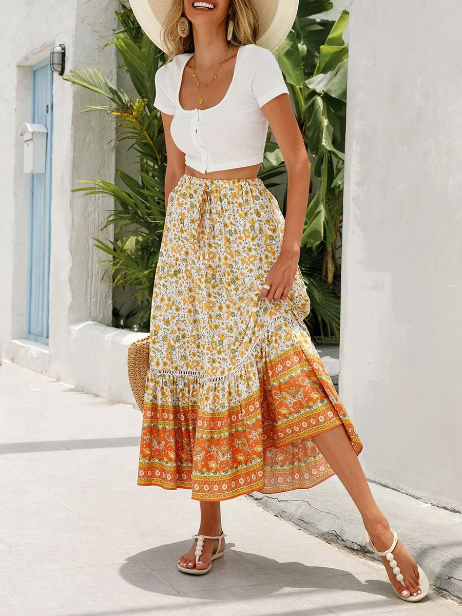 

Women Bohomian Style Beachwear Long Skirt Elegant Elastic Waist Floral Flowy Summer Swing A-Line Skirt for Casual Daily