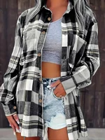 Women Plus Size Fashion Plaid Printed Shirt Casual Loose Long Sleeved Shirt  Lapel Design Shirt Tops - Image 5